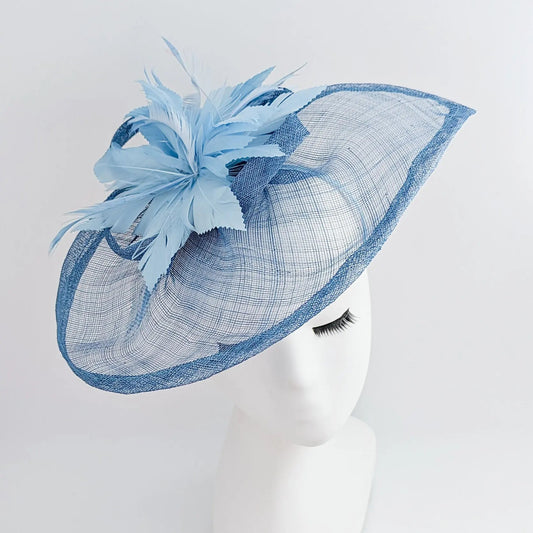 Cornflower blue feather large teardrop fascinator hat - House of Hats