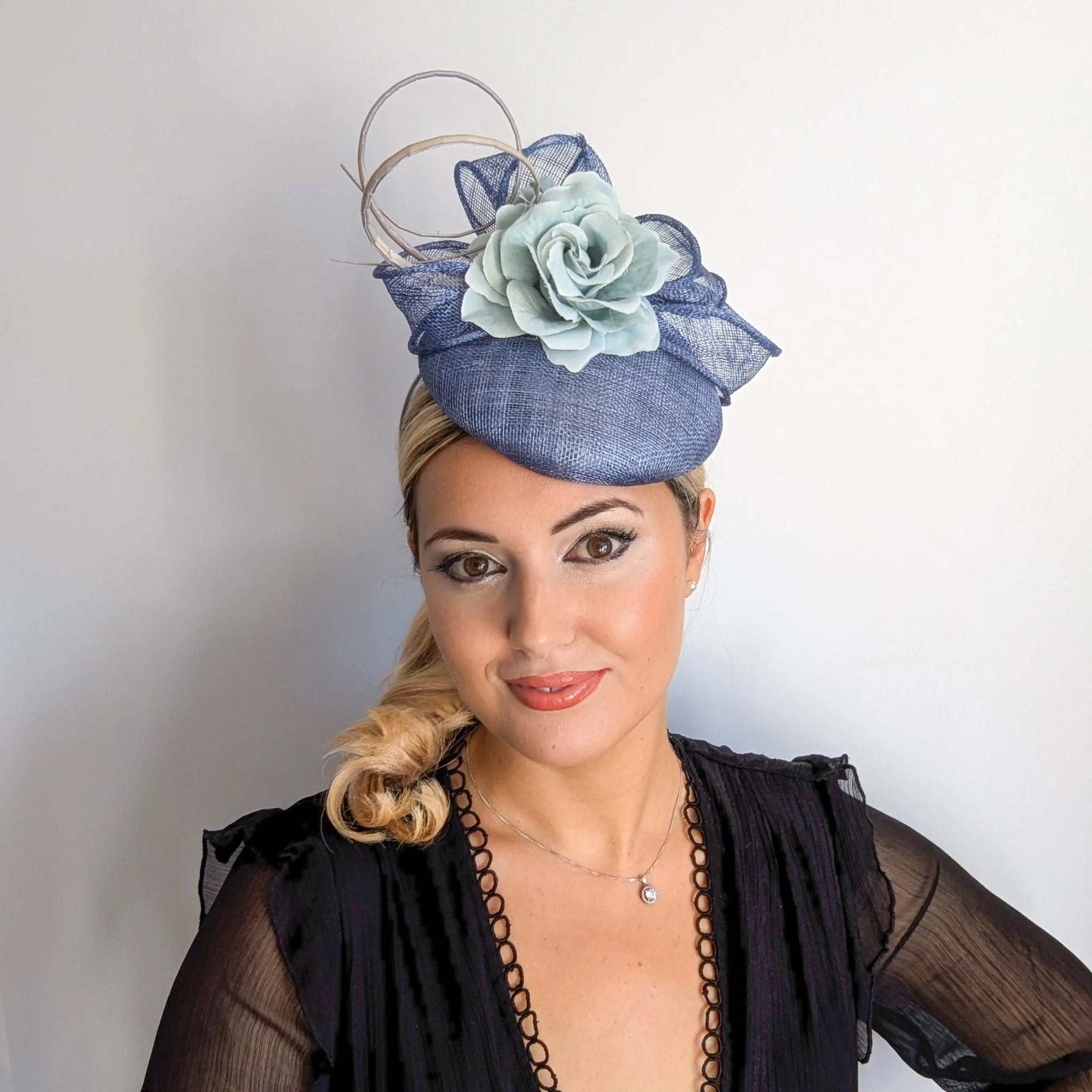 Cornflower blue flower fascinator hat - House of Hats