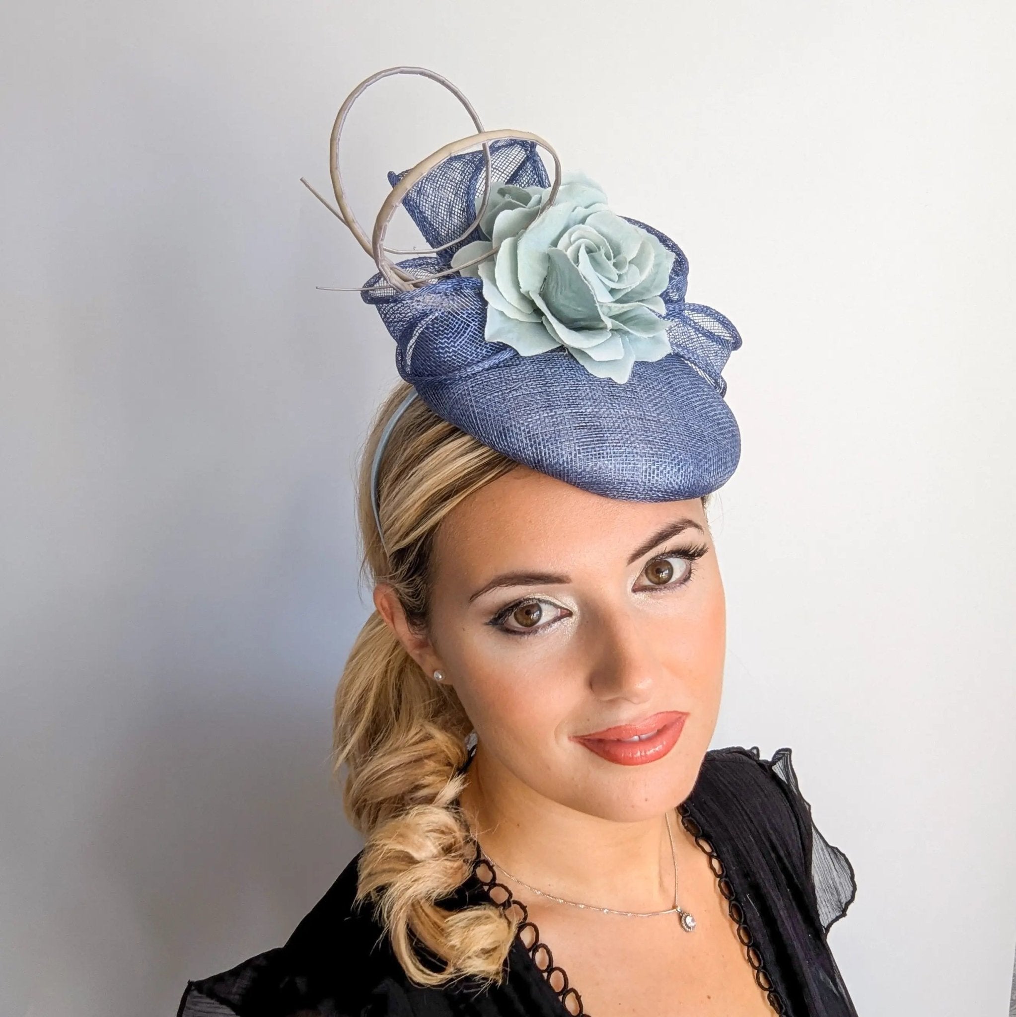 Cornflower blue flower fascinator hat - House of Hats