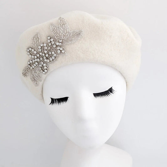 Cream crystal wool felt french beret hat - House of Hats