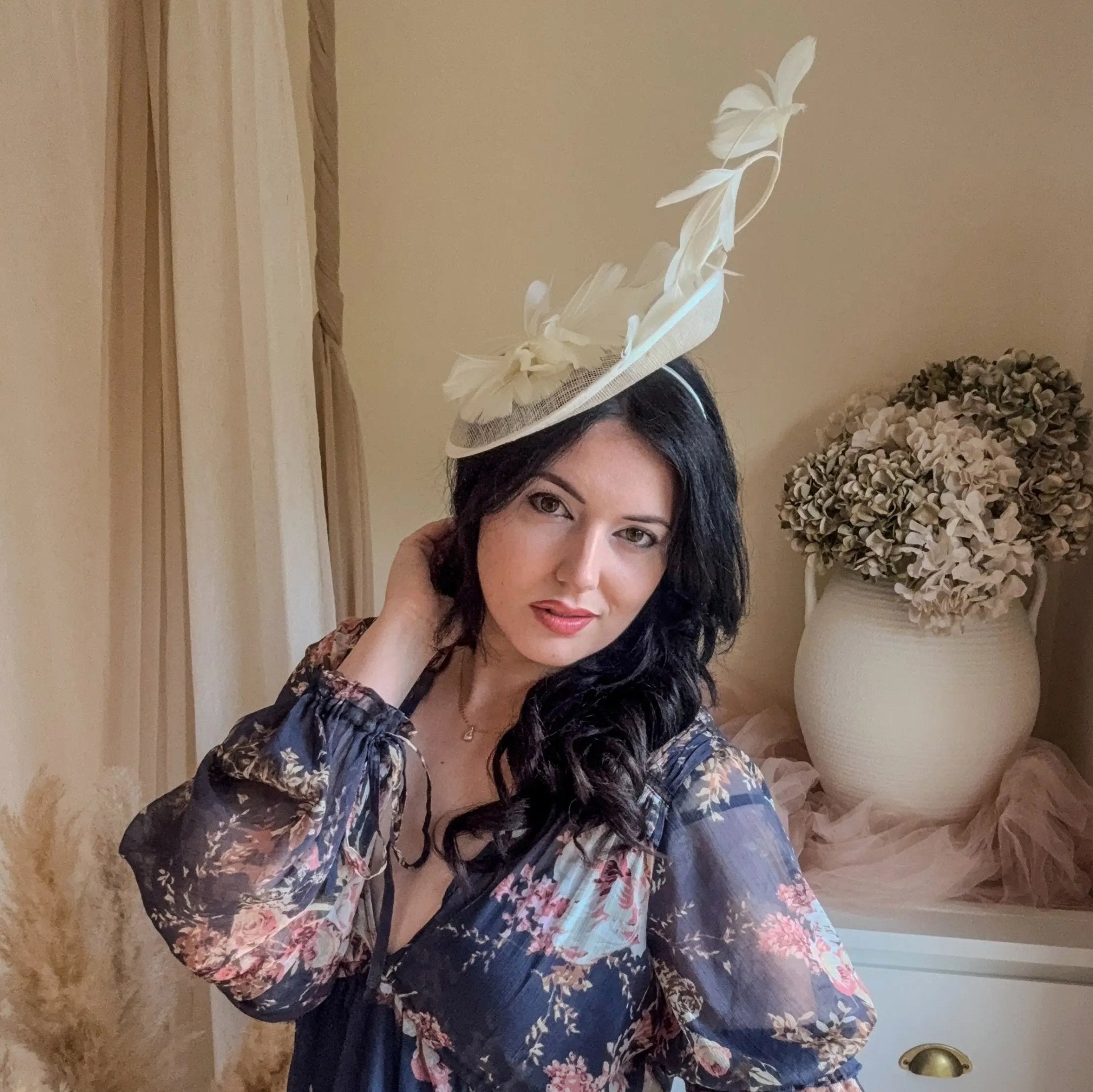 Cream feather fascinator disc hat - House of Hats