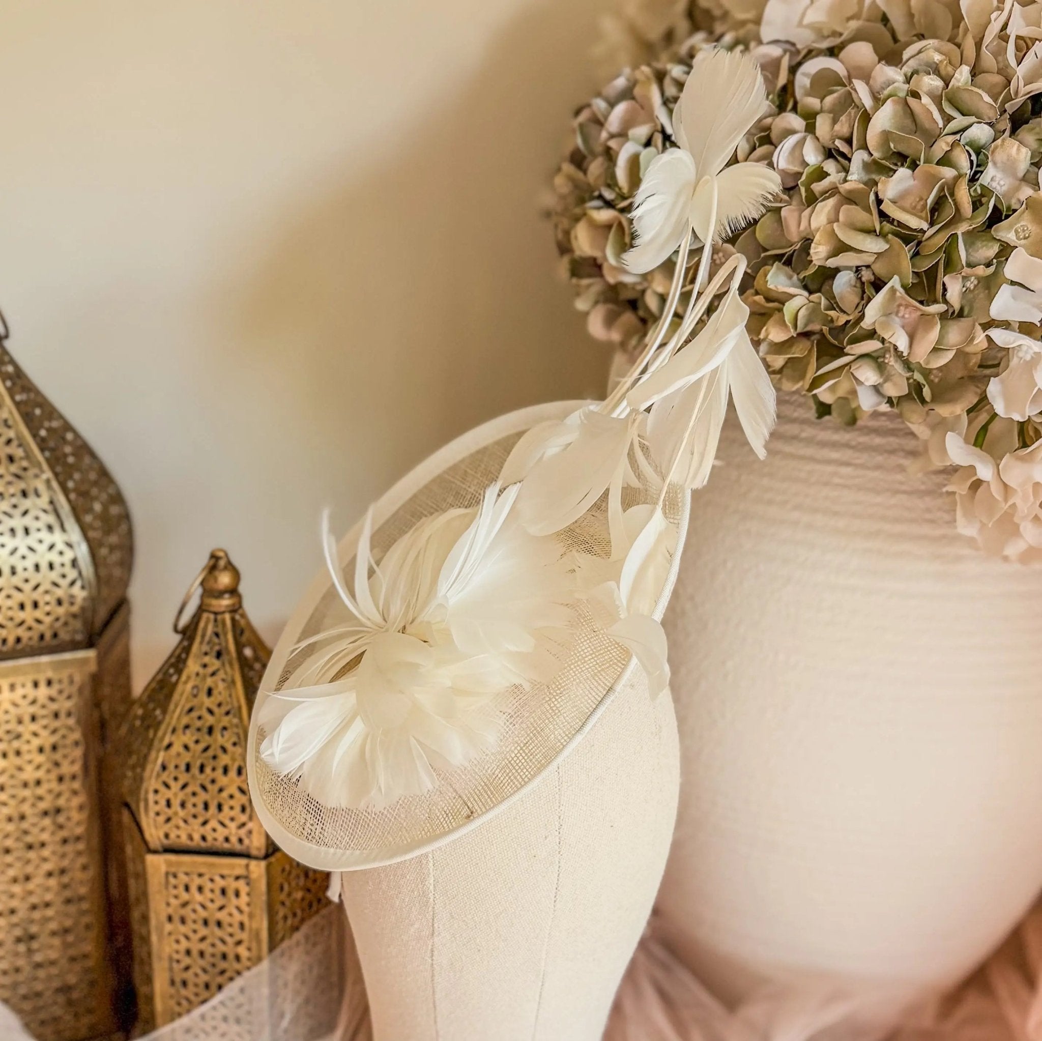 Cream feather fascinator disc hat - House of Hats