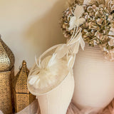 Cream feather fascinator disc hat - House of Hats