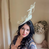 Cream feather fascinator disc hat - House of Hats