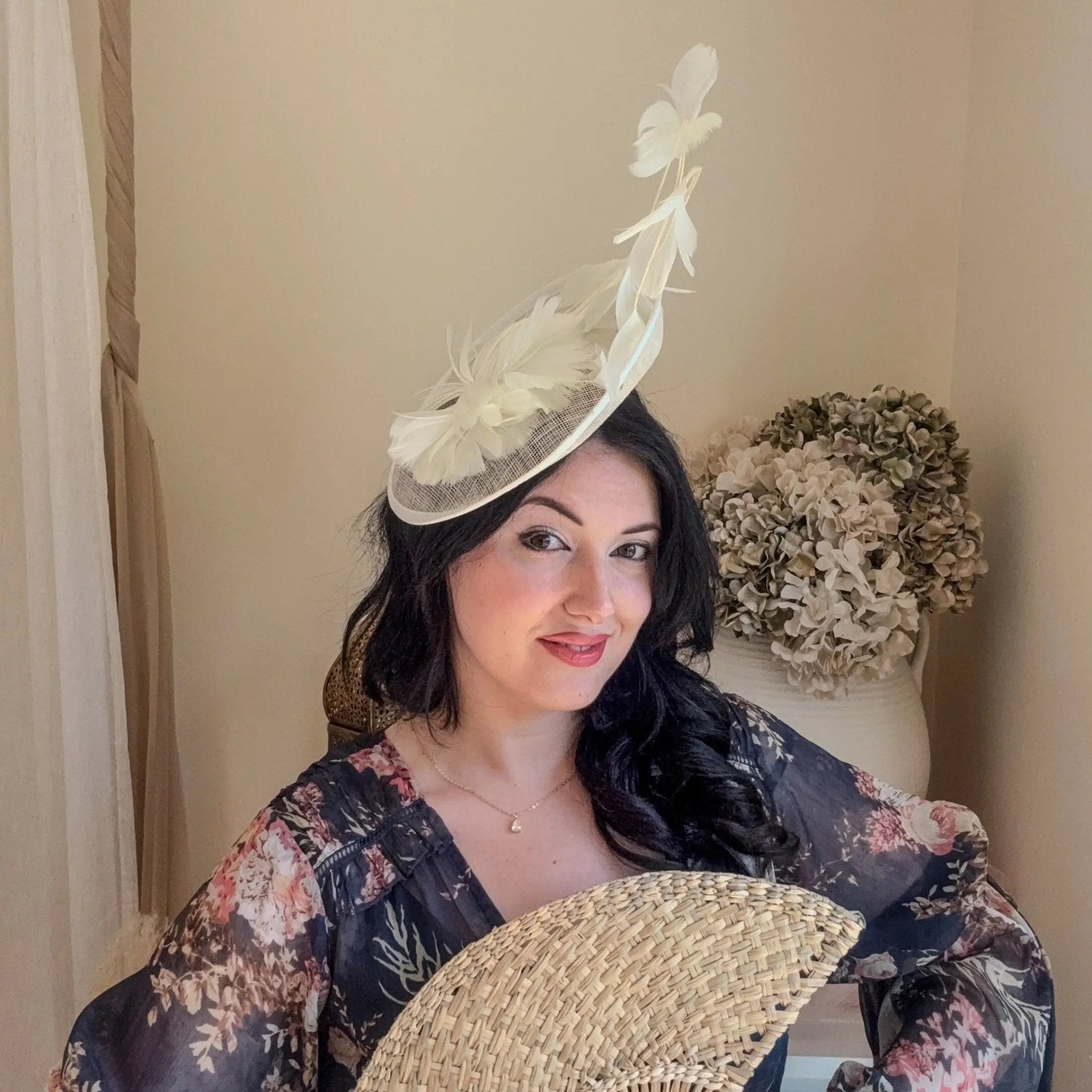 Cream feather fascinator disc hat - House of Hats