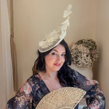 Cream feather fascinator disc hat - House of Hats