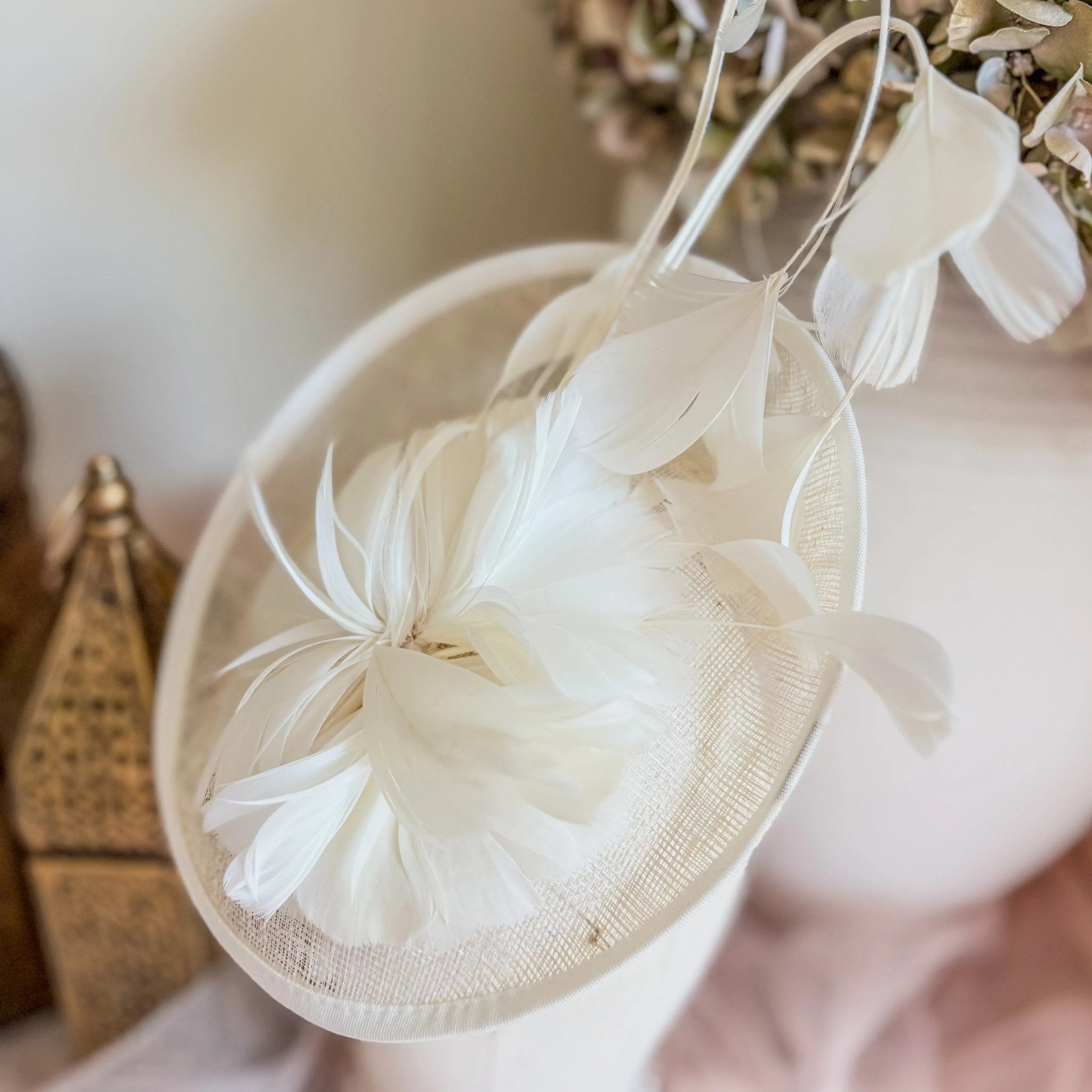 Cream feather fascinator disc hat - House of Hats