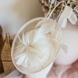 Cream feather fascinator disc hat - House of Hats