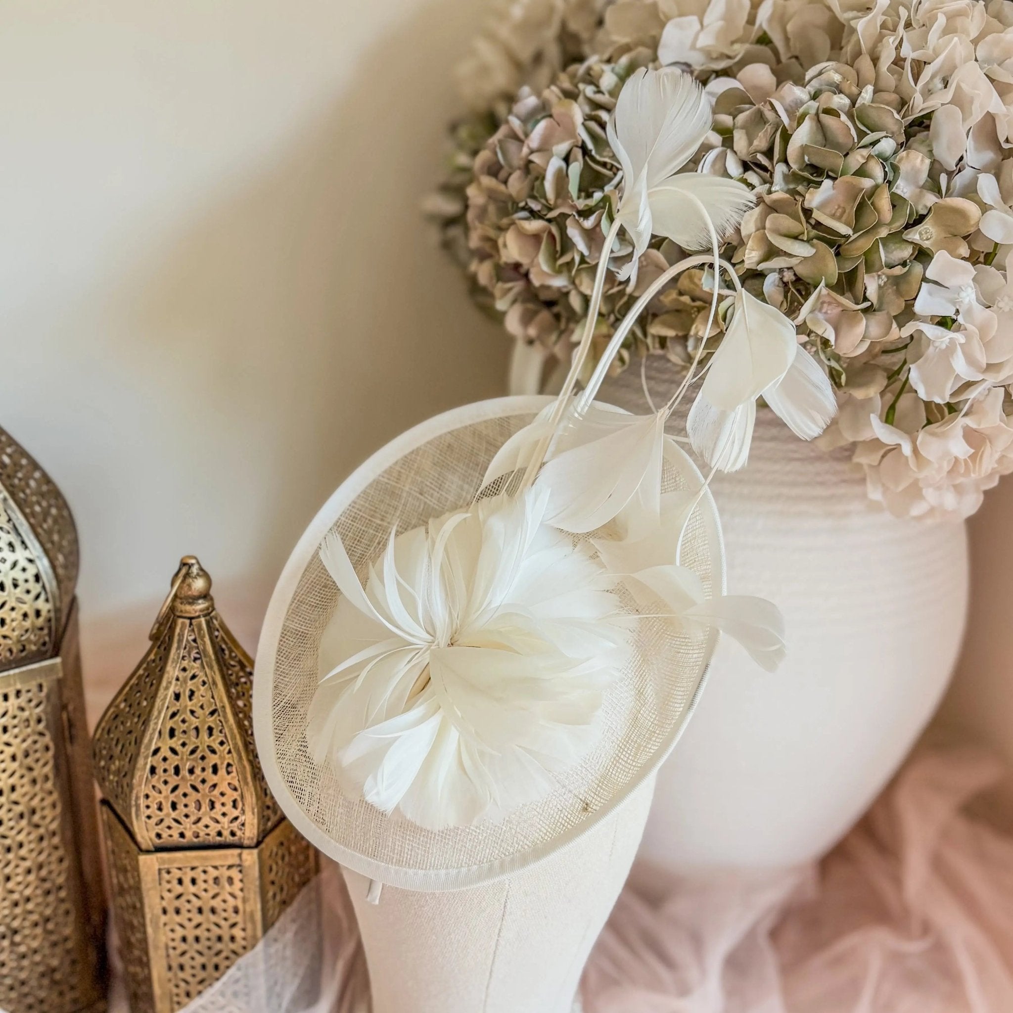 Cream feather fascinator disc hat - House of Hats
