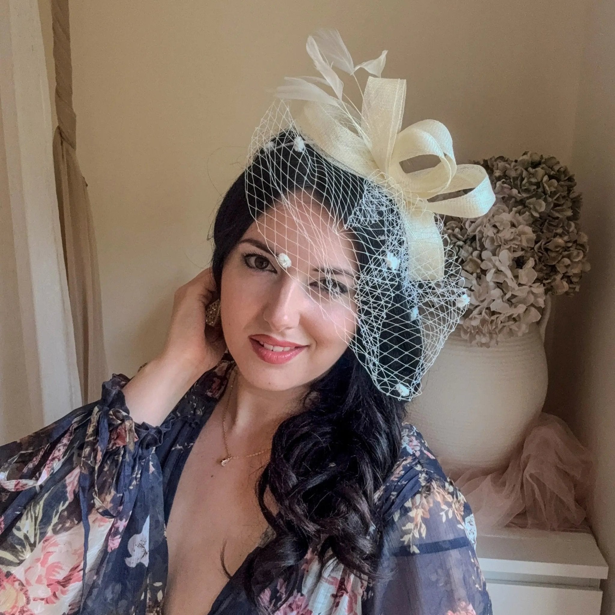 Cream feather fascinator hat - House of Hats