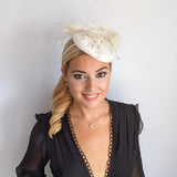 Cream feather lace satin fascinator hat - House of Hats