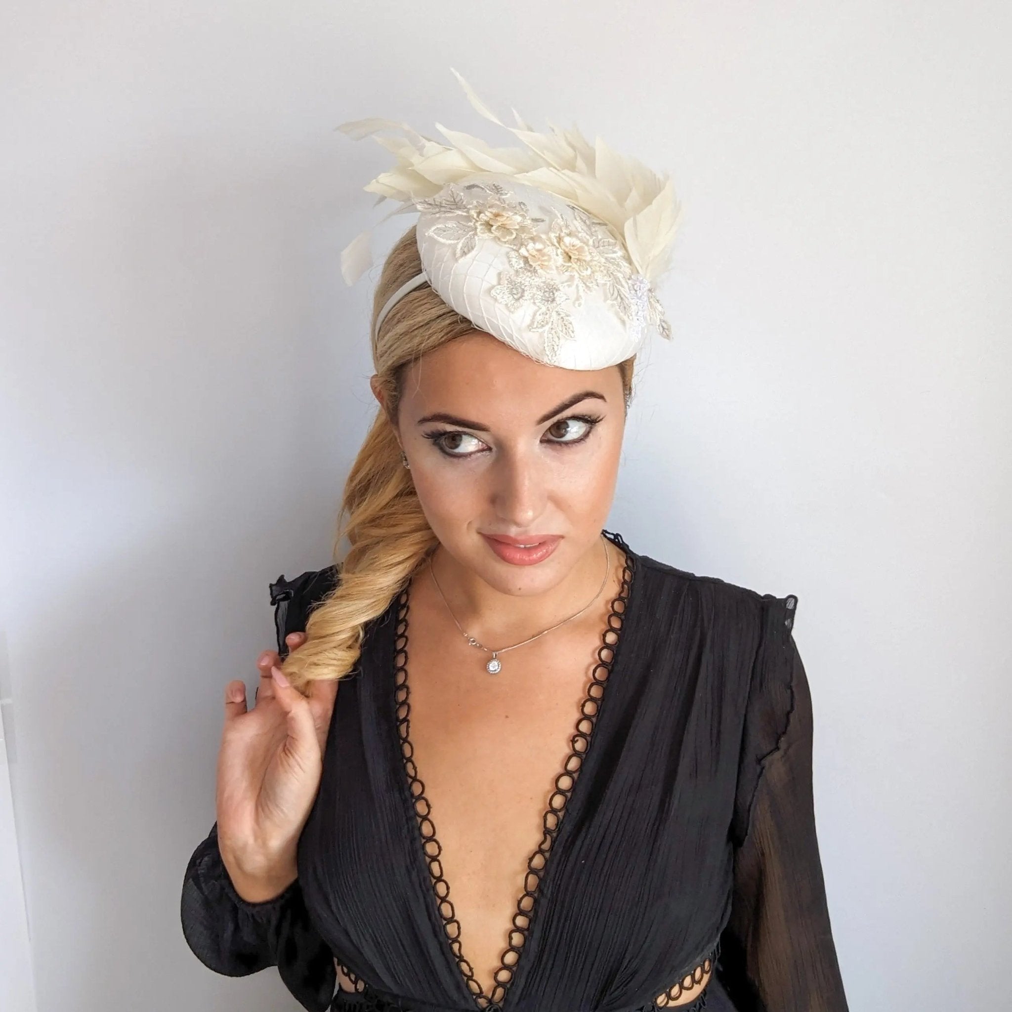 Cream feather lace satin fascinator hat - House of Hats