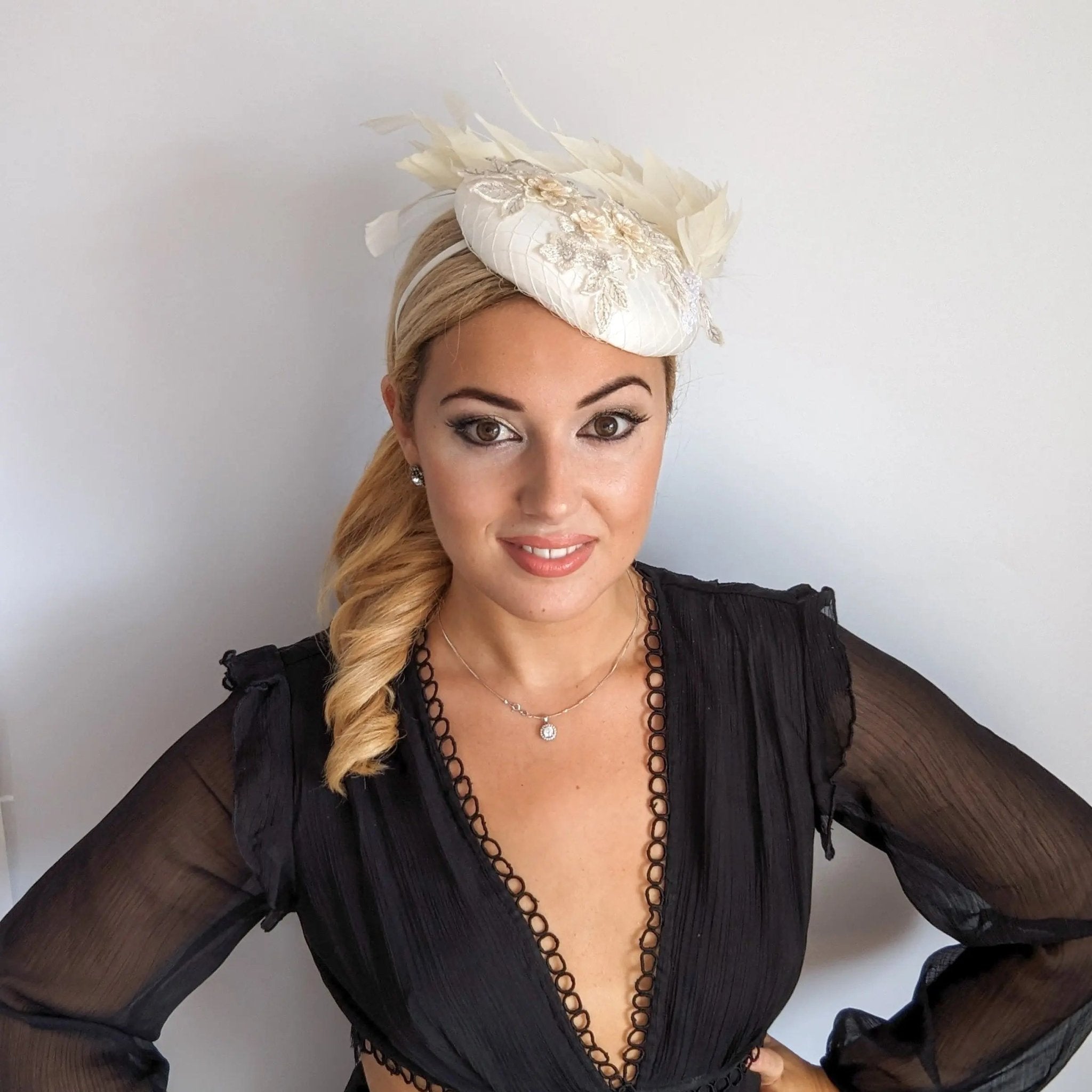 Cream feather lace satin fascinator hat - House of Hats