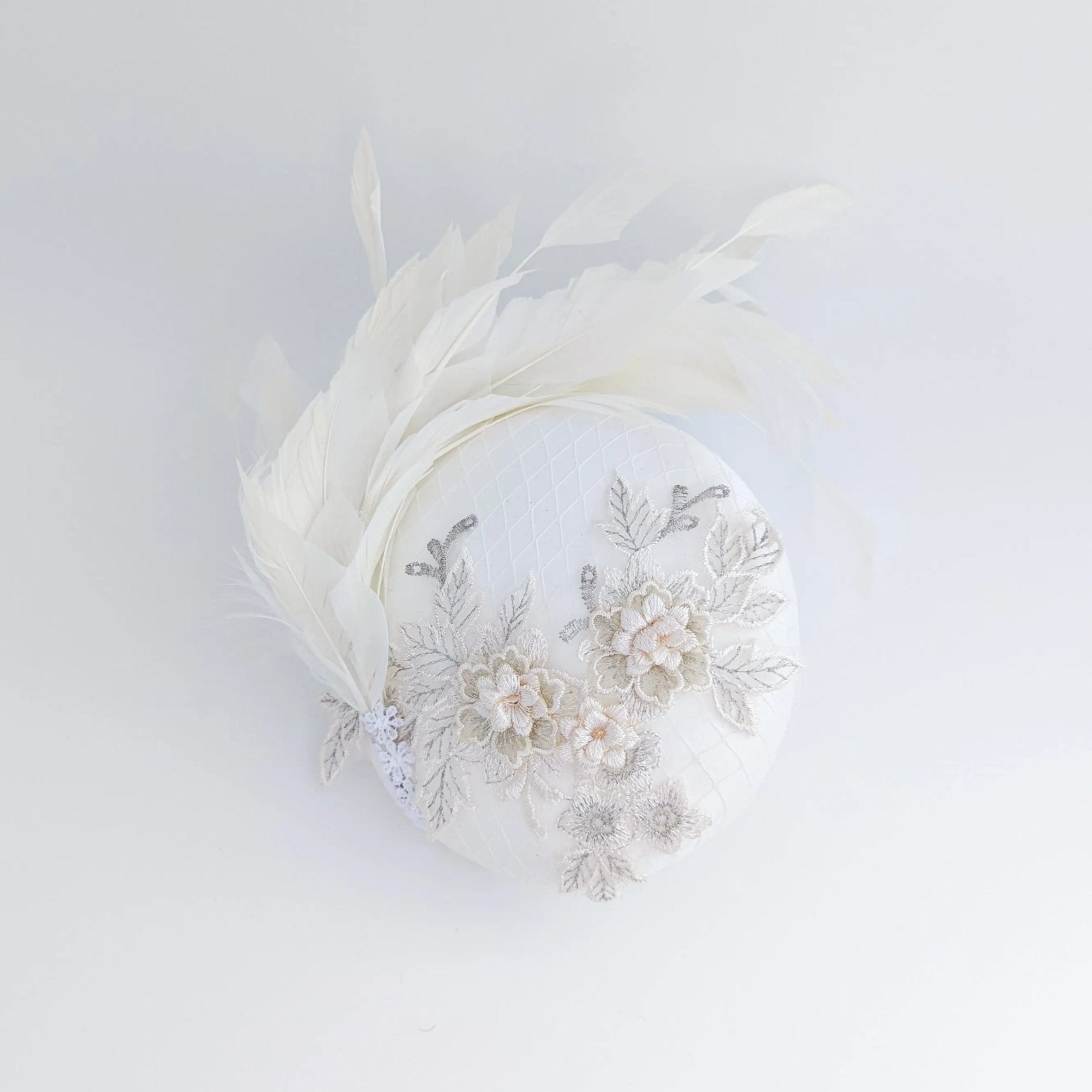 Cream feather lace satin fascinator hat - House of Hats