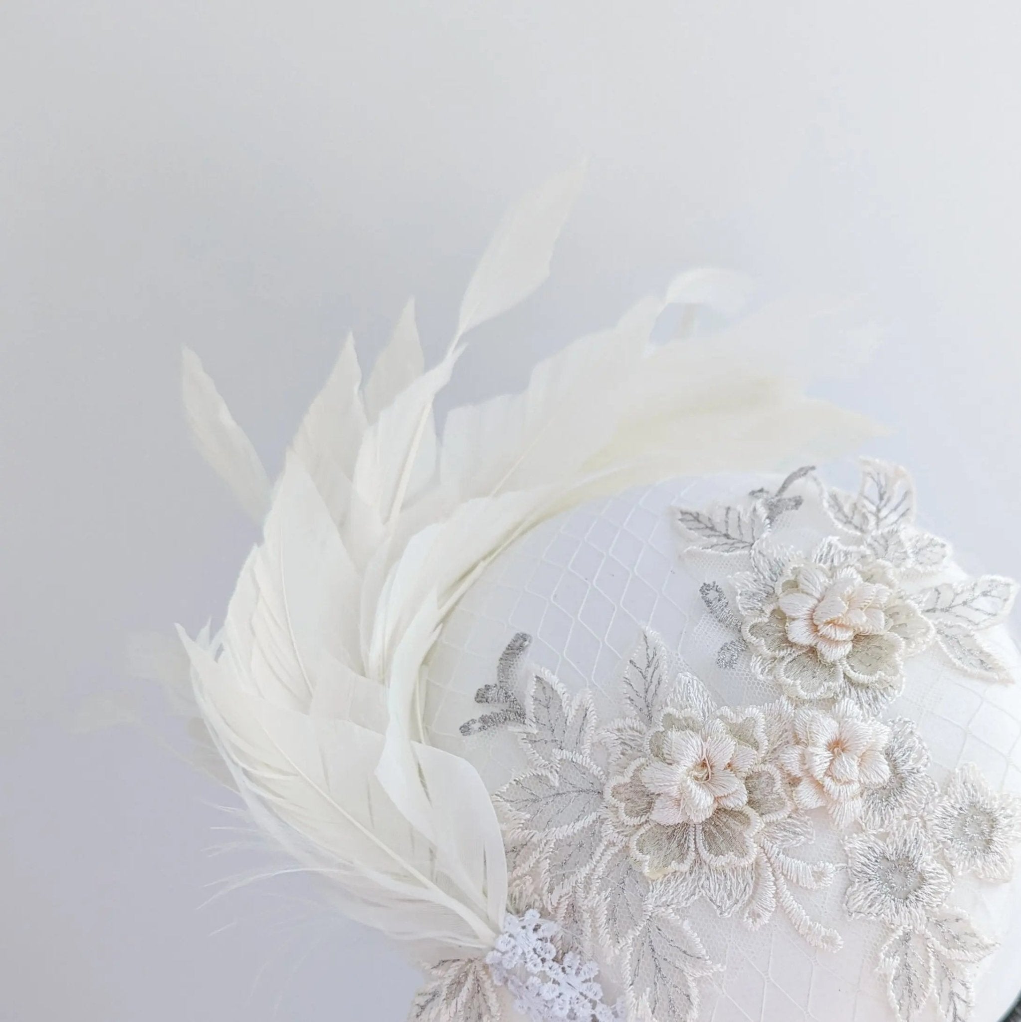 Cream feather lace satin fascinator hat - House of Hats