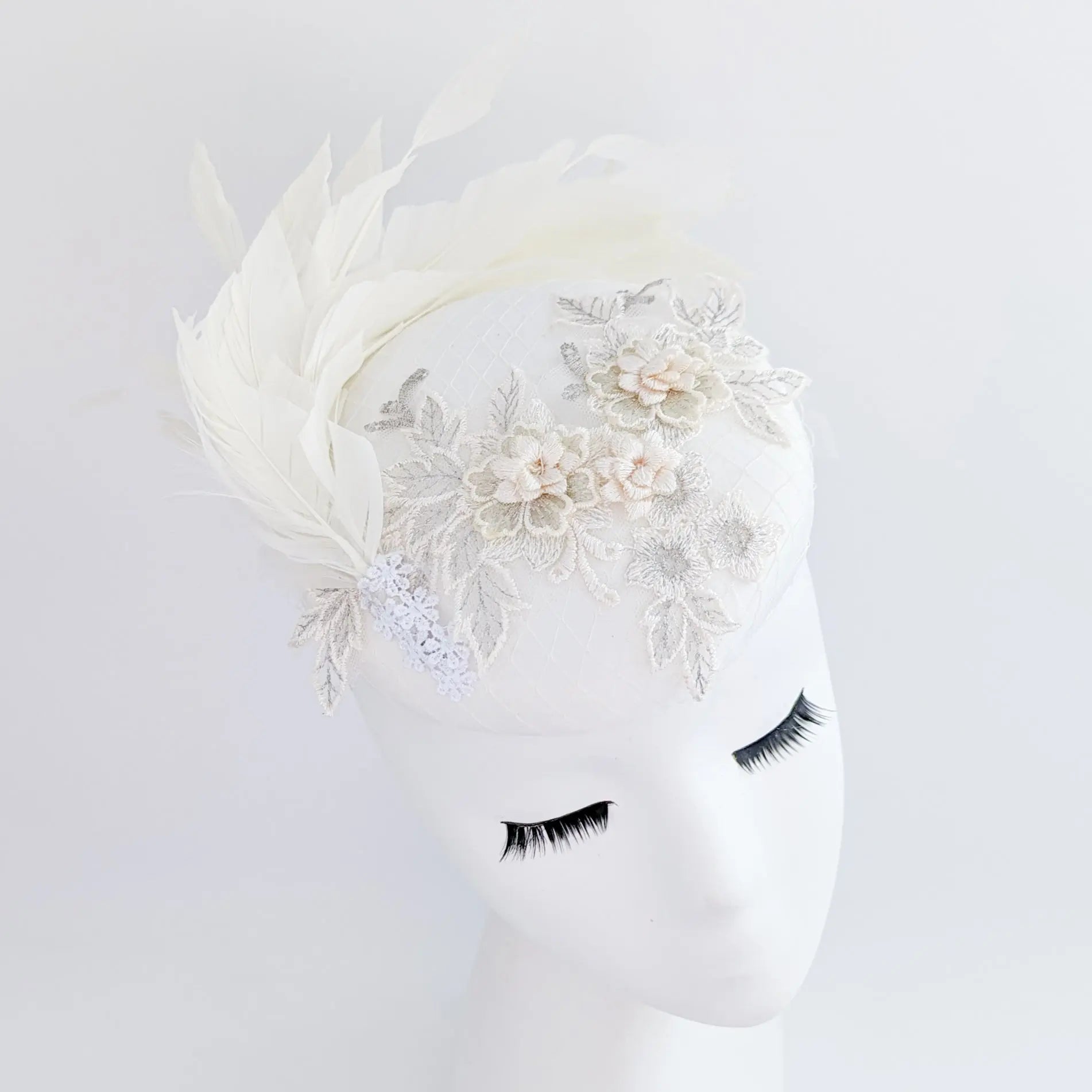 Cream feather lace satin fascinator hat - House of Hats