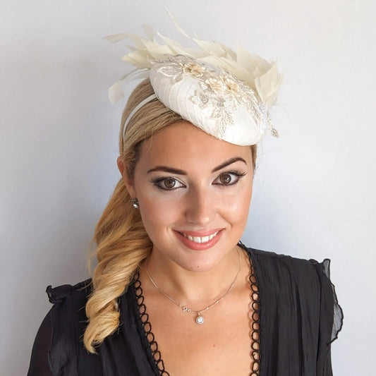 Cream feather lace satin fascinator hat - House of Hats