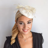Cream feather lace satin fascinator hat - House of Hats