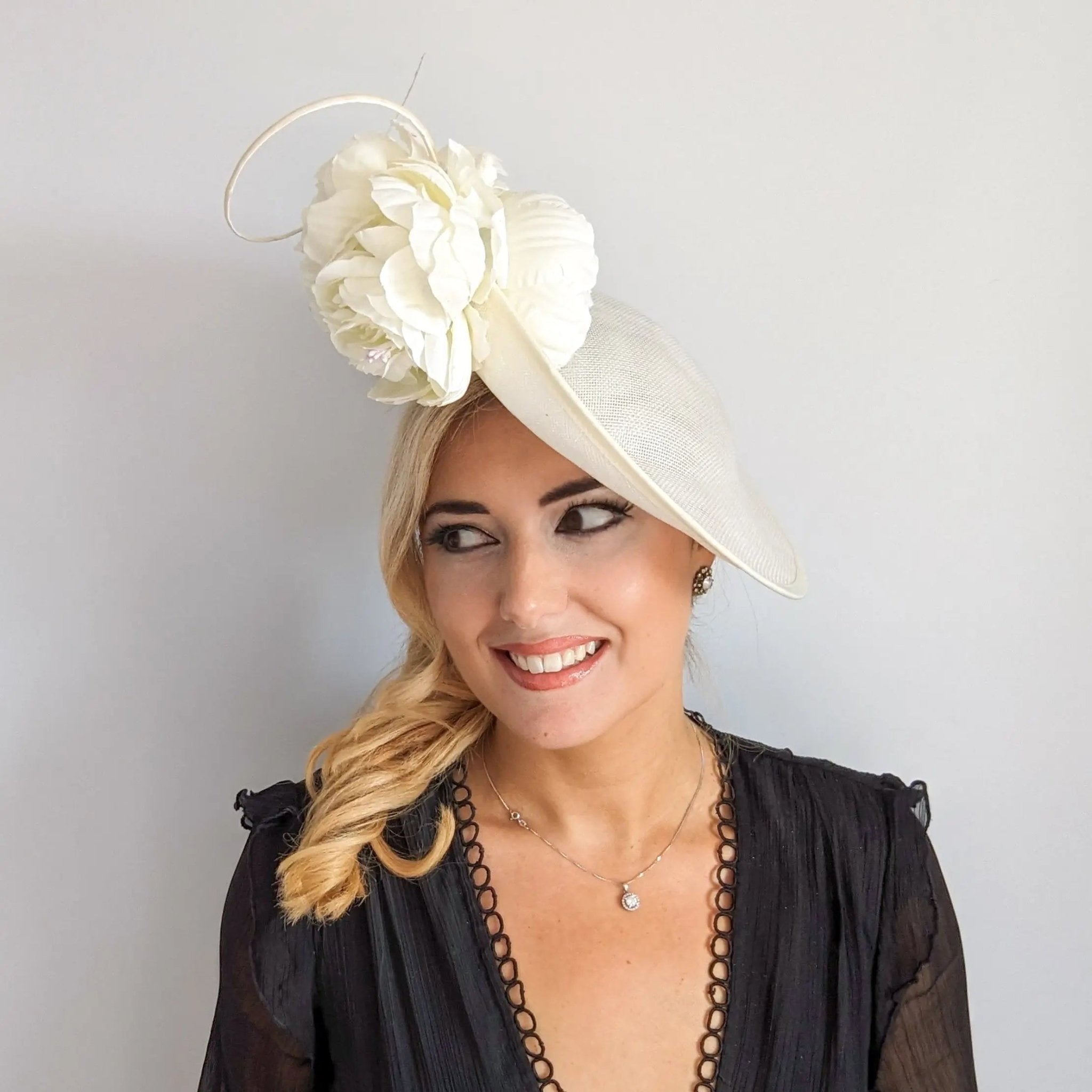 Cream large flower saucer disc fascinator hat - House of Hats