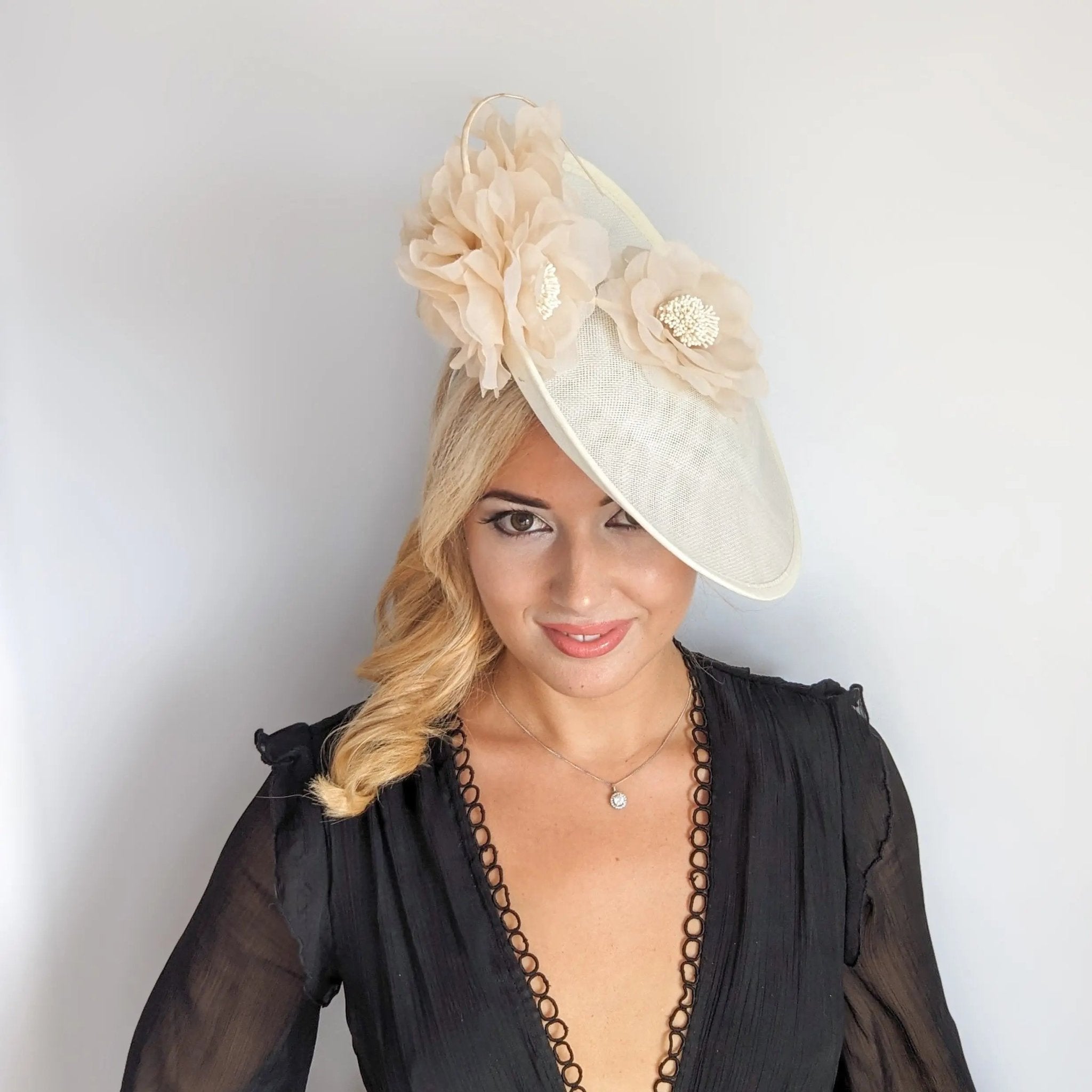 Cream large flower saucer disc fascinator hat - House of Hats