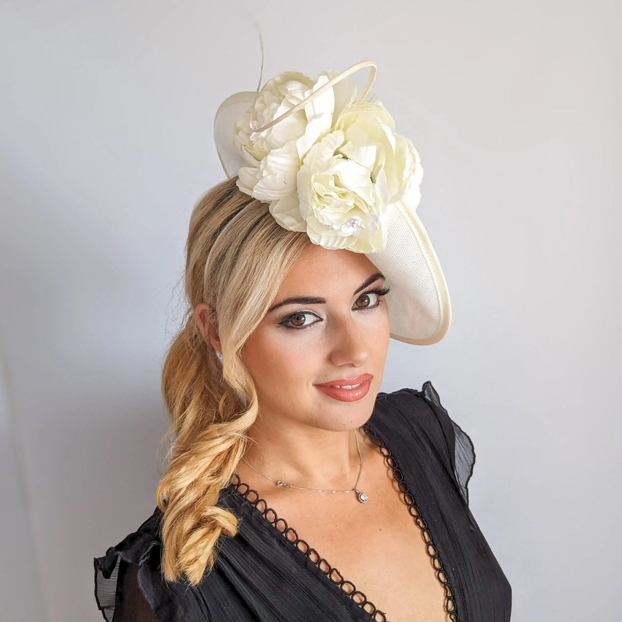 Cream large flower saucer disc fascinator hat - House of Hats