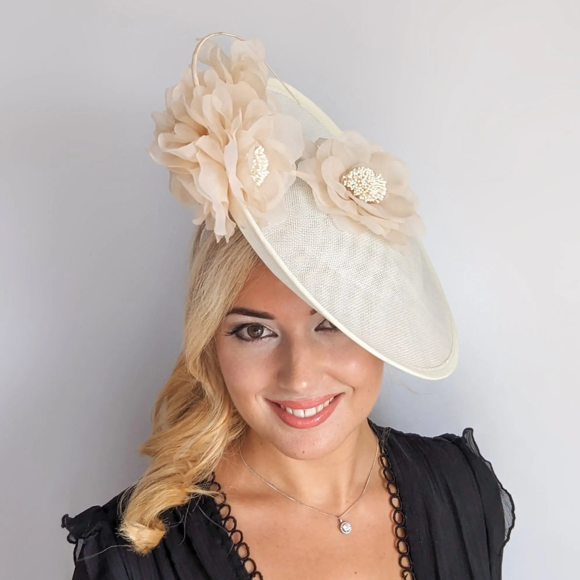 Cream large flower saucer disc fascinator hat - House of Hats