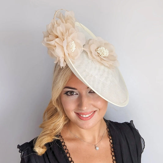 Cream large flower saucer disc fascinator hat - House of Hats