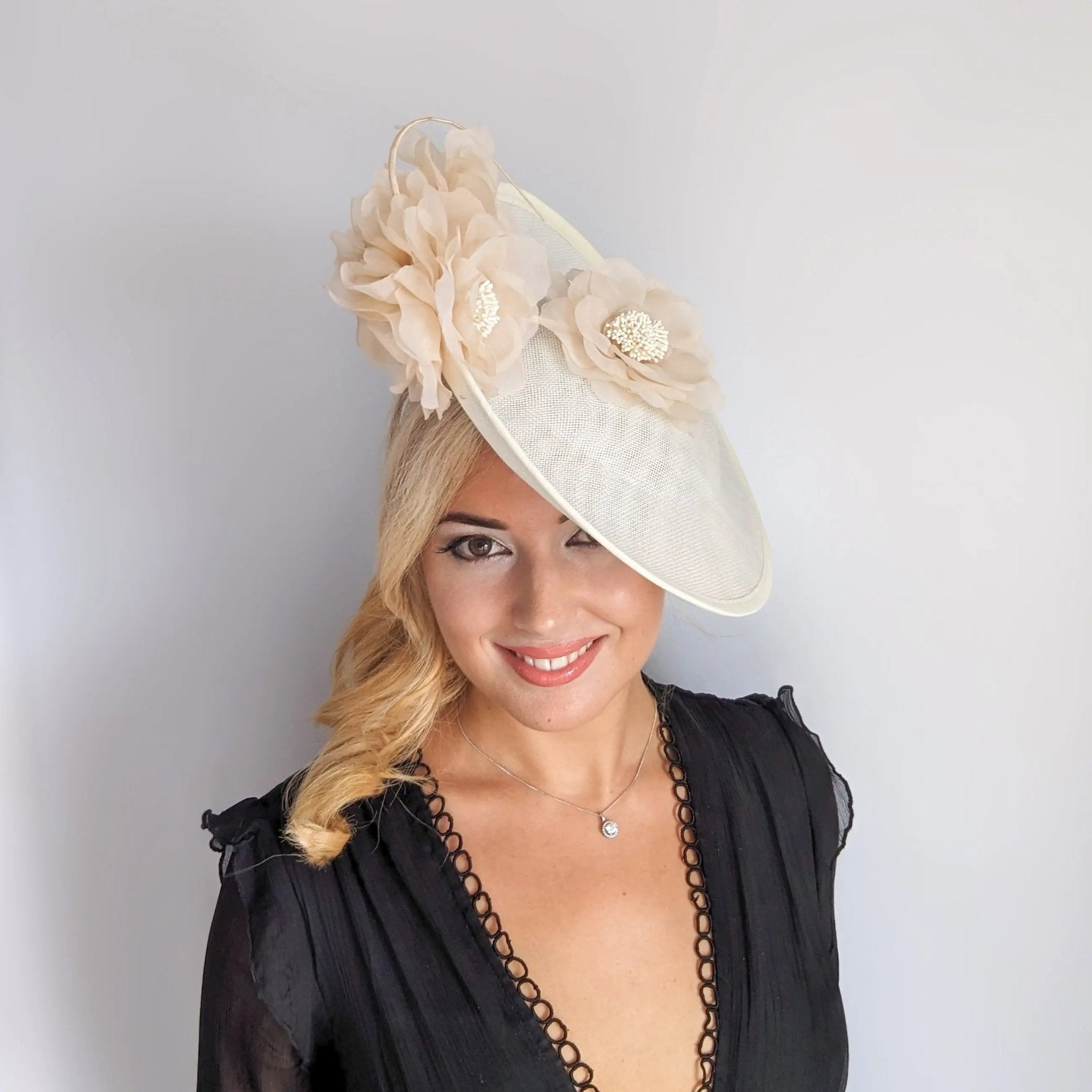 Cream large flower saucer disc fascinator hat - House of Hats