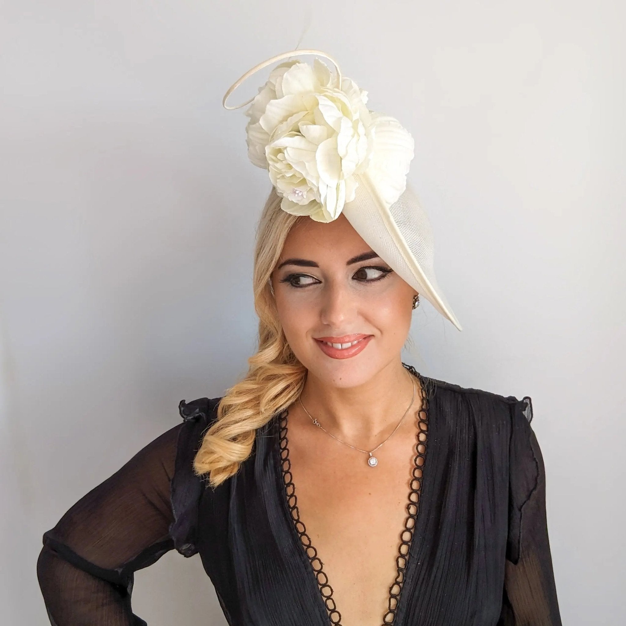 Cream large flower saucer disc fascinator hat - House of Hats