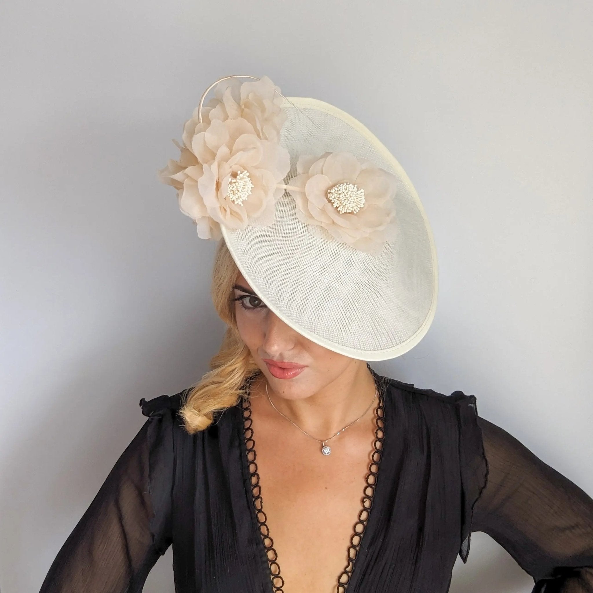 Cream large flower saucer disc fascinator hat - House of Hats