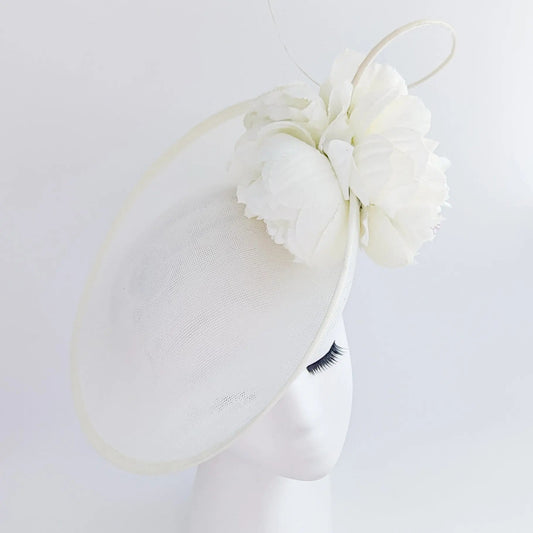 Cream large flower saucer disc fascinator hat - House of Hats