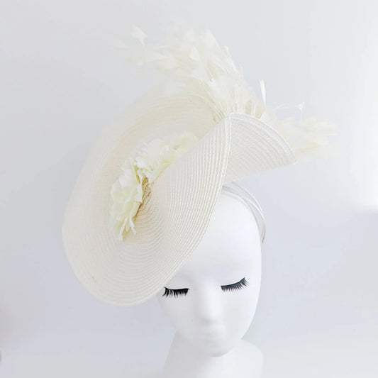 Cream large woven straw flower feather fascinator hat - House of Hats