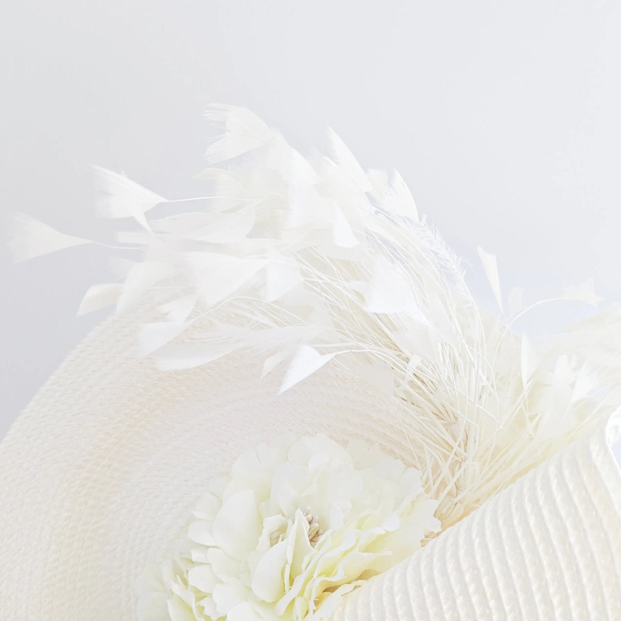 Cream large woven straw flower feather fascinator hat - House of Hats