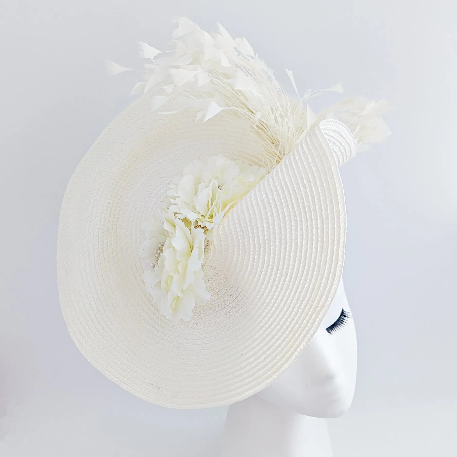 Cream large woven straw flower feather fascinator hat - House of Hats