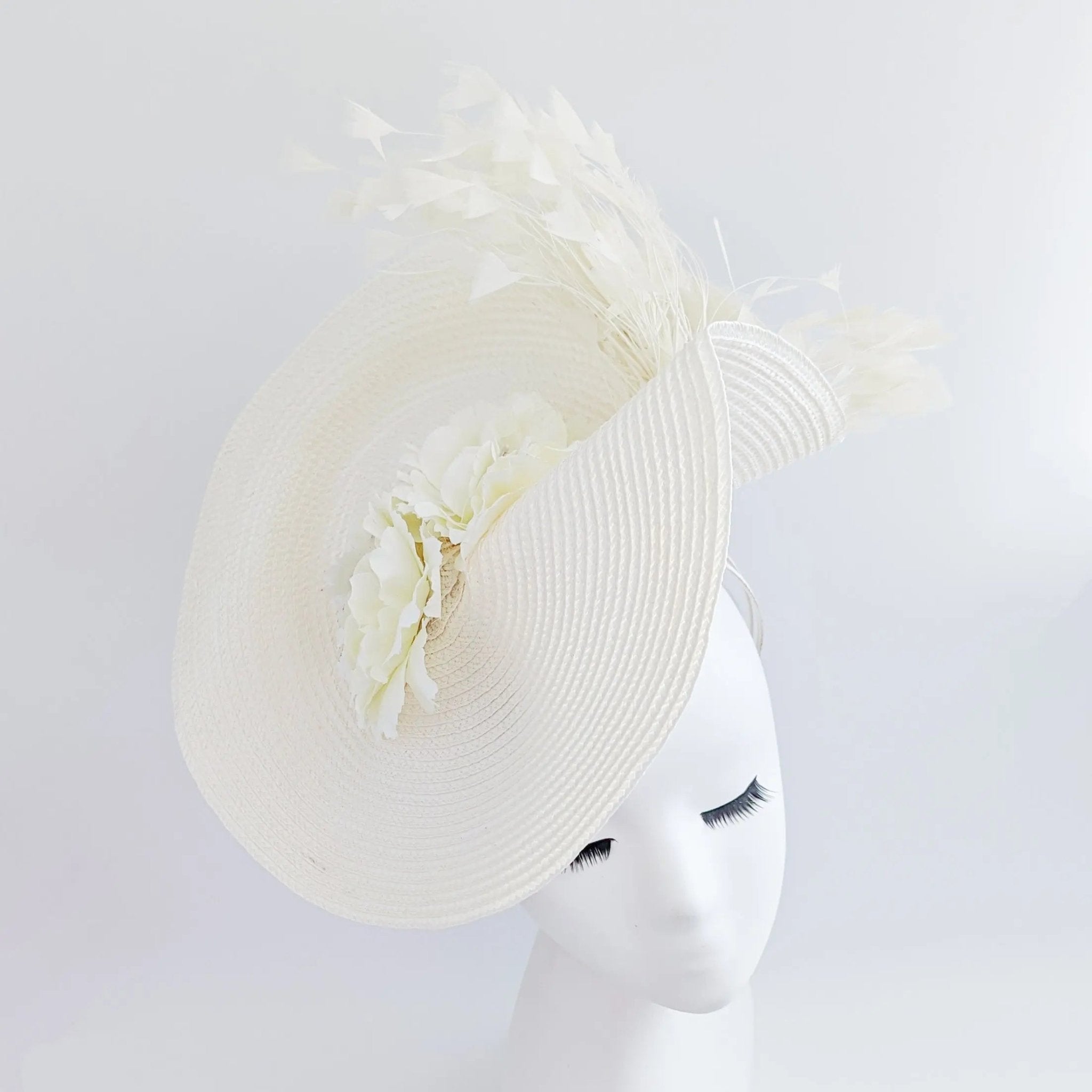 Cream large woven straw flower feather fascinator hat - House of Hats