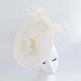 Cream large woven straw flower feather fascinator hat - House of Hats
