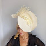 Cream large woven straw flower feather fascinator hat - House of Hats