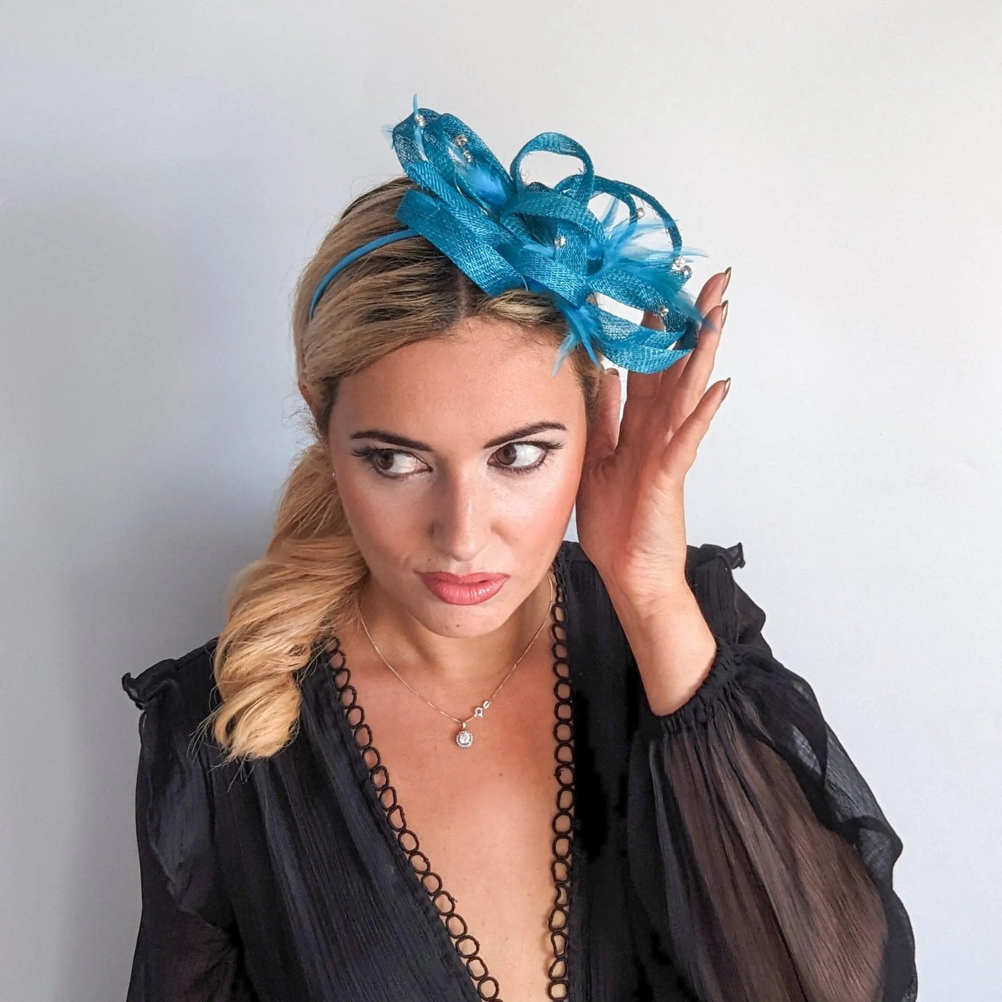 Dark aqua blue crystal feather fascinator hat - House of Hats