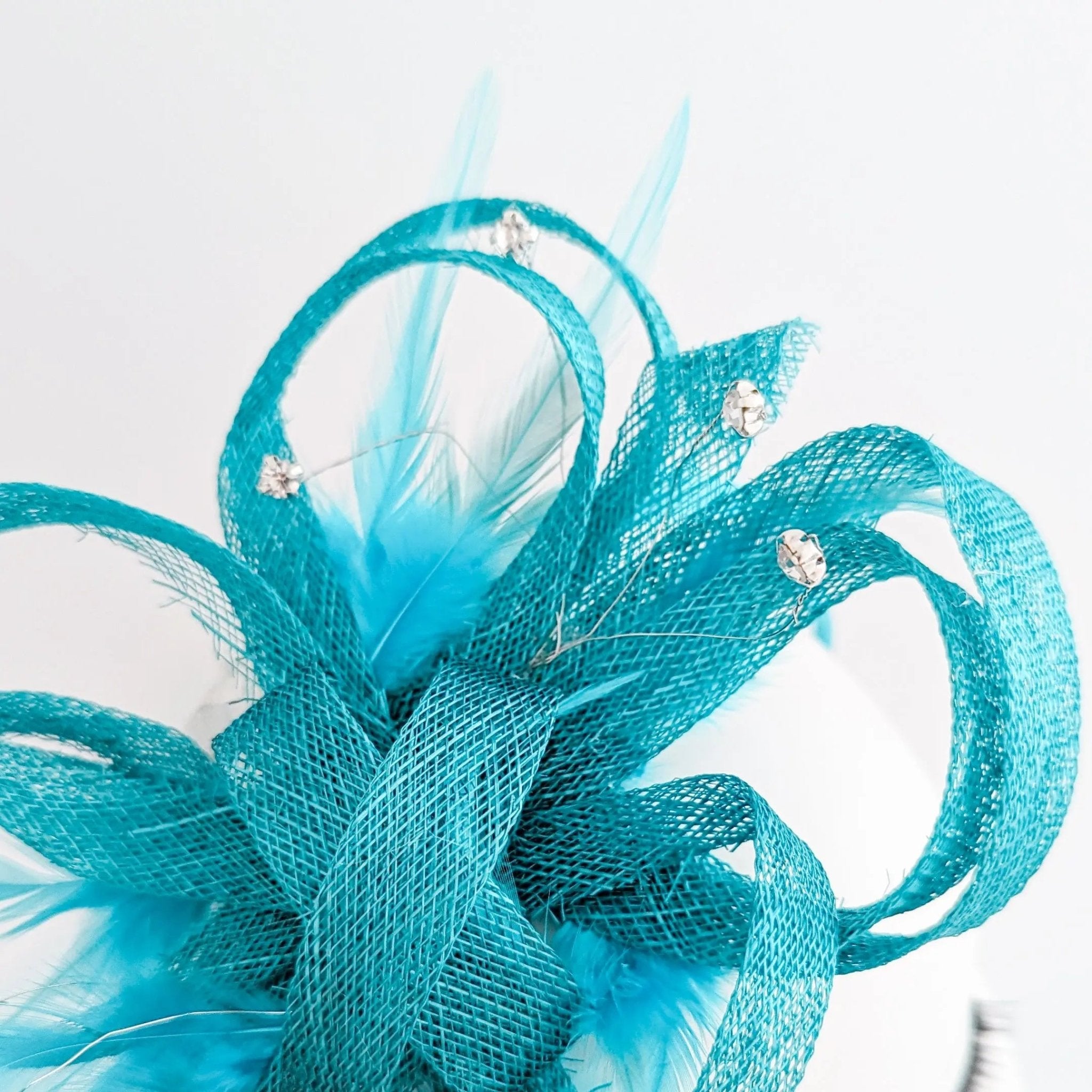 Dark aqua blue crystal feather fascinator hat - House of Hats