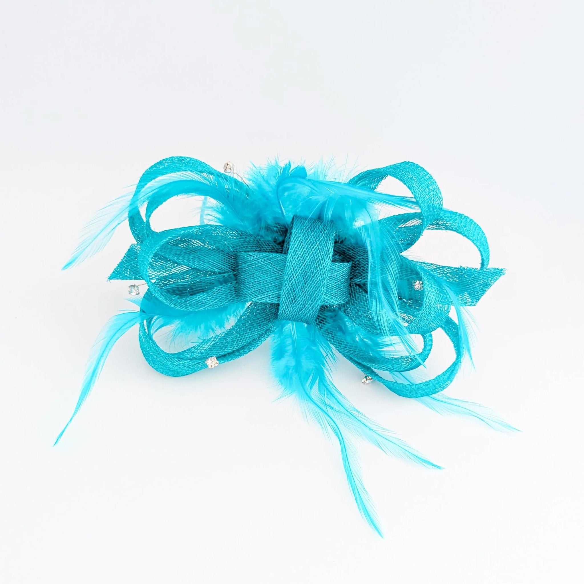 Dark aqua blue crystal feather fascinator hat - House of Hats