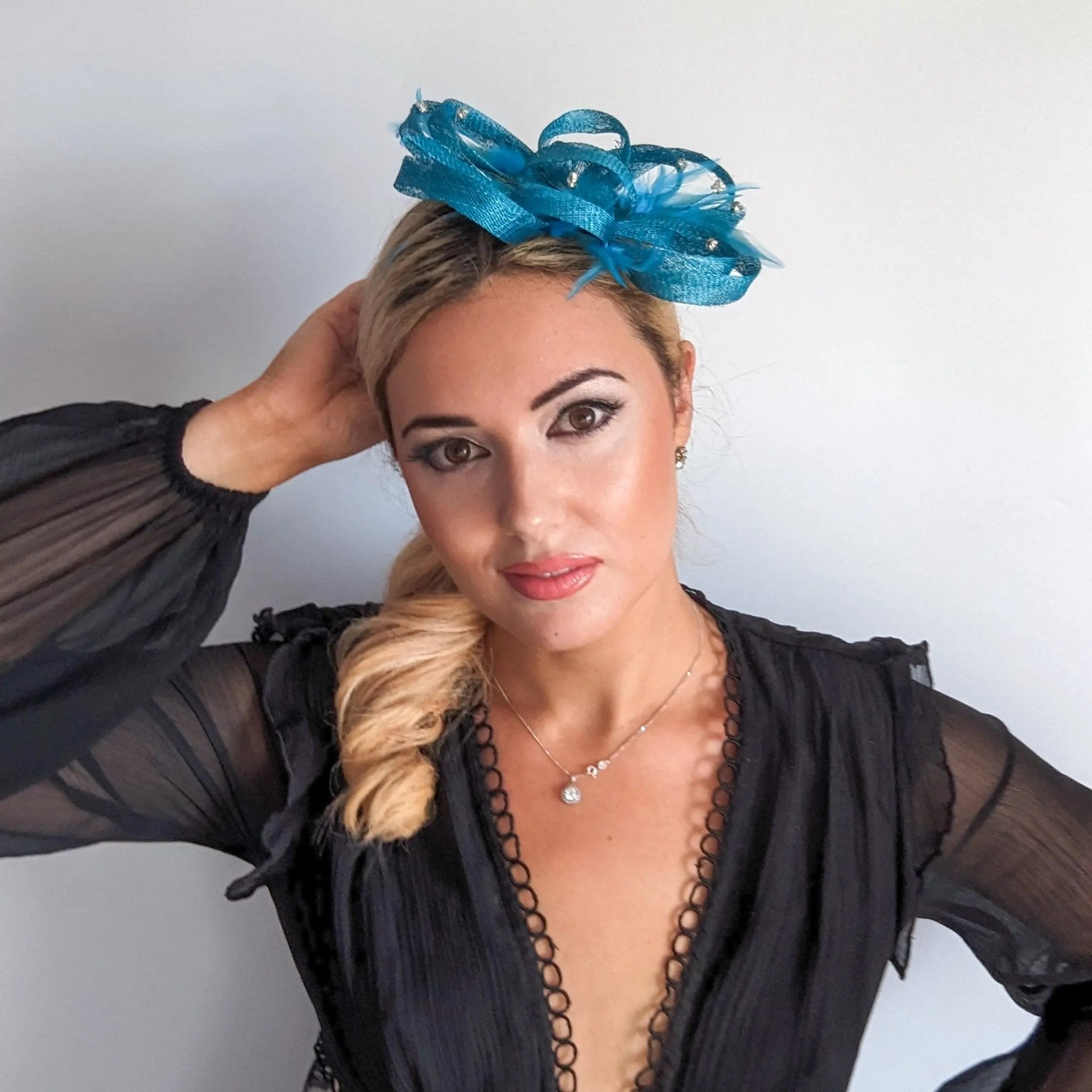 Dark aqua blue crystal feather fascinator hat - House of Hats