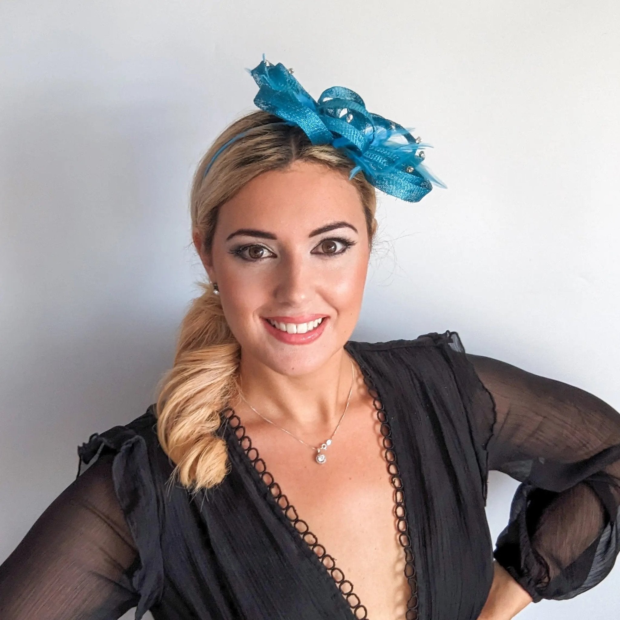 Dark aqua blue crystal feather fascinator hat - House of Hats