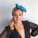 Dark aqua blue crystal feather fascinator hat - House of Hats