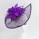 Dark aubergine cadbury purple feather large teardrop fascinator hat - House of Hats