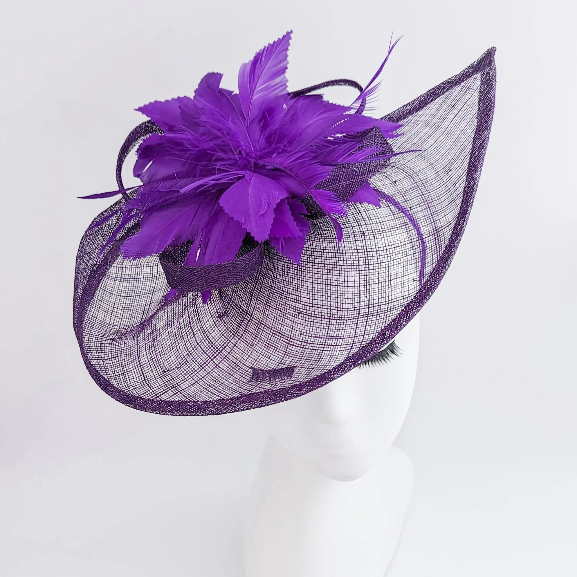 Dark aubergine cadbury purple feather large teardrop fascinator hat - House of Hats