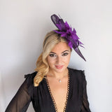 Dark aubergine cadbury purple feather large teardrop fascinator hat - House of Hats