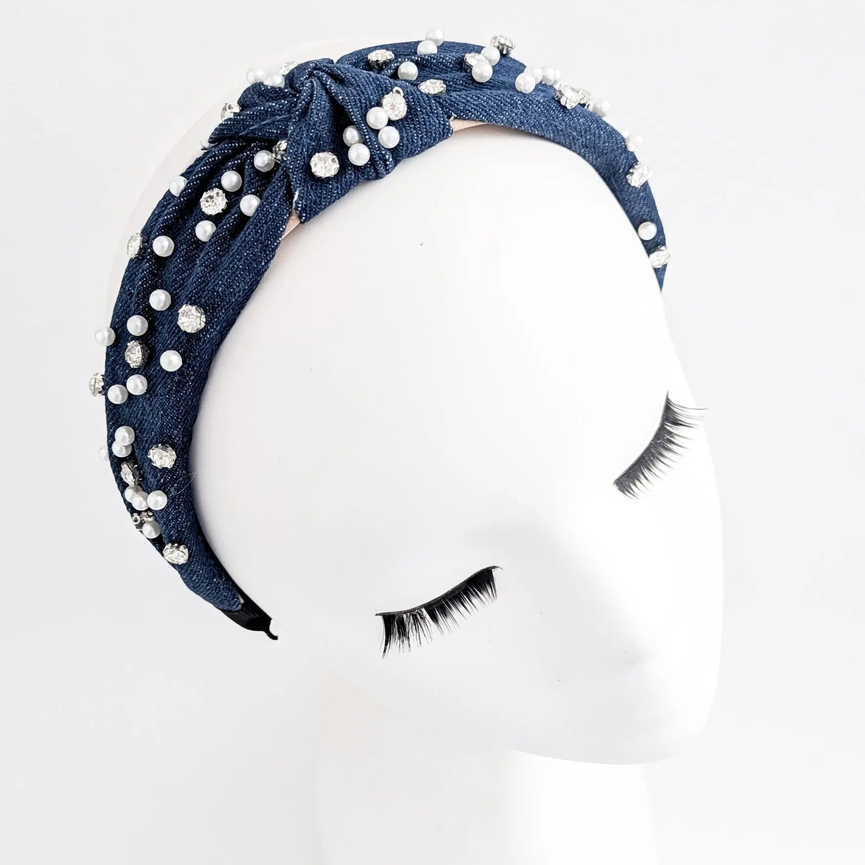 Dark denim crystal pearl knot headband fascinator - House of Hats