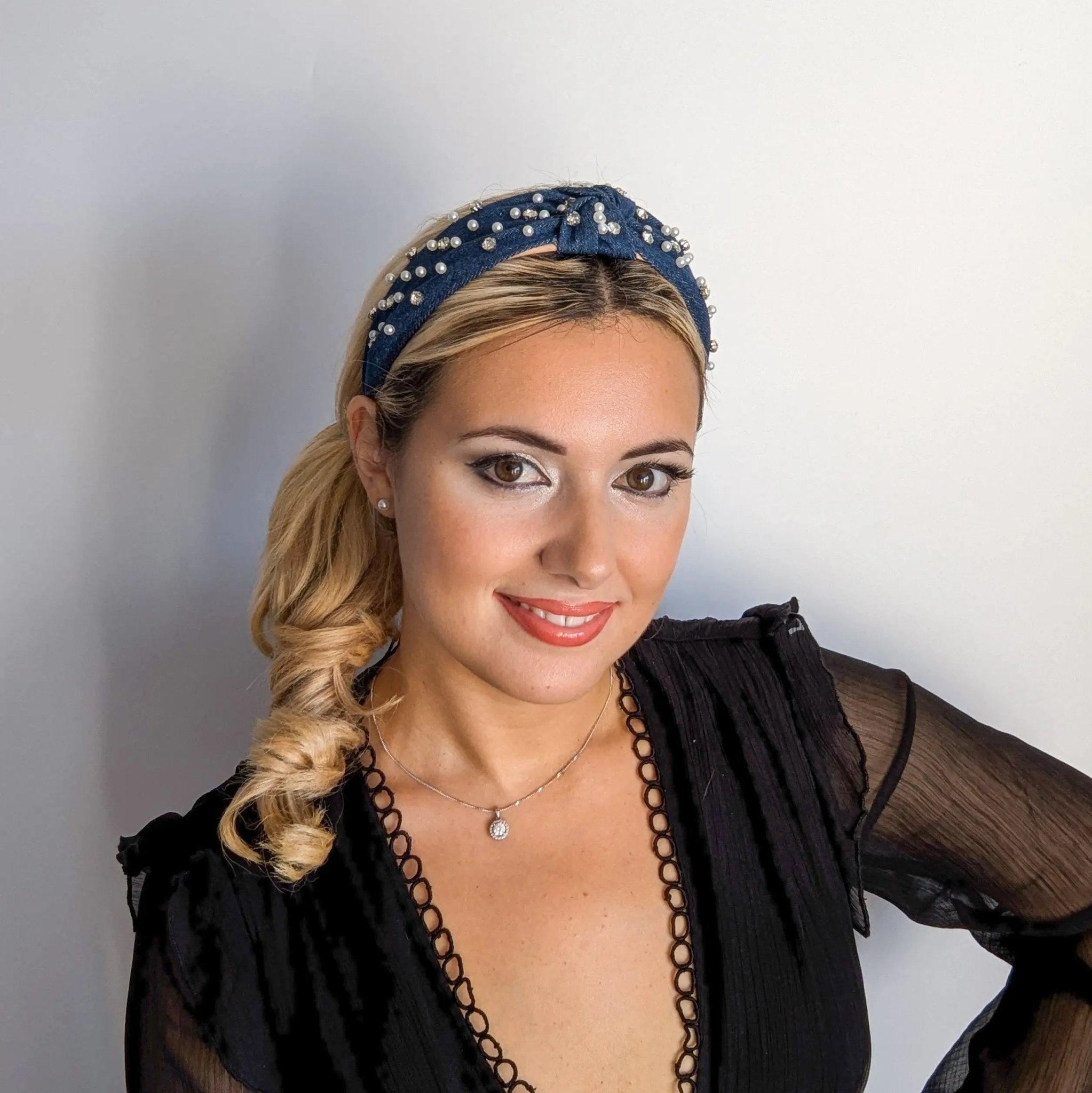 Dark denim crystal pearl knot headband fascinator - House of Hats