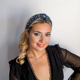 Dark denim crystal pearl knot headband fascinator - House of Hats