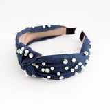 Dark denim crystal pearl knot headband fascinator - House of Hats